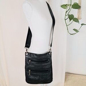 Margot Slim Black Leather Double Zipper Crossbody Bag